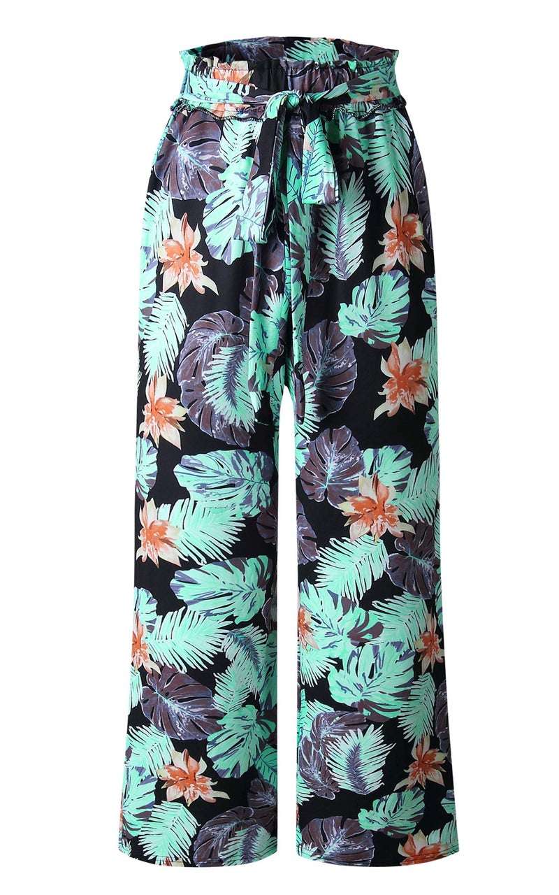 ECOWISH Wide Leg Pants for Women Summer 2025 Palazzo Tropical Floral Belted Casual Lightweight High Waist Flared Trousers with Pockets Black Large - Image 5